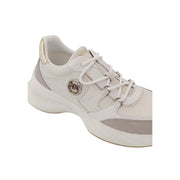Pinko women white slip on polyester sneakers with white beige michael kors chunky sole and metallic gold logo emblem