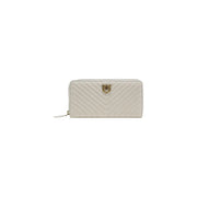 Cremefarbenes, gestepptes Polyurethan Pinko Weiße Damen-Geldbörse mit Reißverschluss und goldfarbenem Katzenkopf-Verschluss, Größe 21 x 12 x 4 cm
