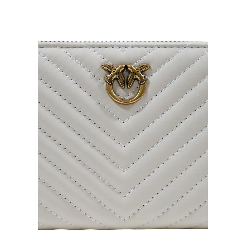 Pinko Weiße, gesteppte Damen-Geldbörse aus Leder mit Reißverschluss, goldfarbenem Vogel- und Ringverschluss, Polyurethan, Größe 21 x 12 x 4 cm