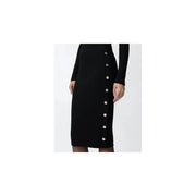 Pinko women wool skirt black ribbed knit pencil style with vertical silver toned buttons front for winter apparel