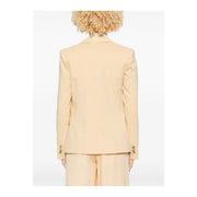 Beige tailored blazer with gold-tone button details featured in pinko yellow linen blazer with button front and pockets