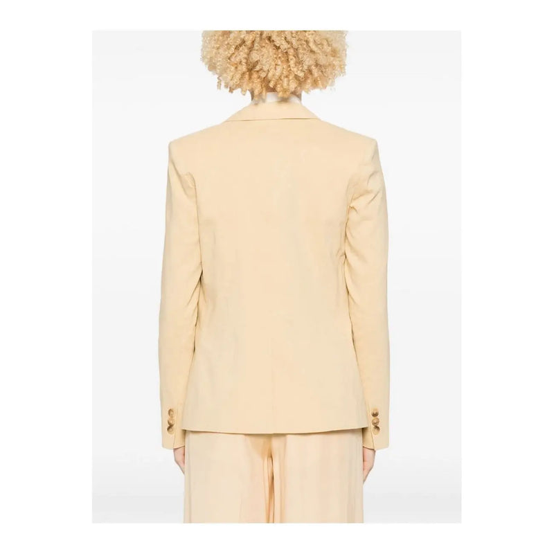 Beige tailored blazer with gold-tone button details featured in pinko yellow linen blazer with button front and pockets