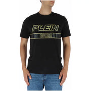 Plein Sport black printed men’s t-shirt in 100 percent cotton with bold yellow and black logo across the chest