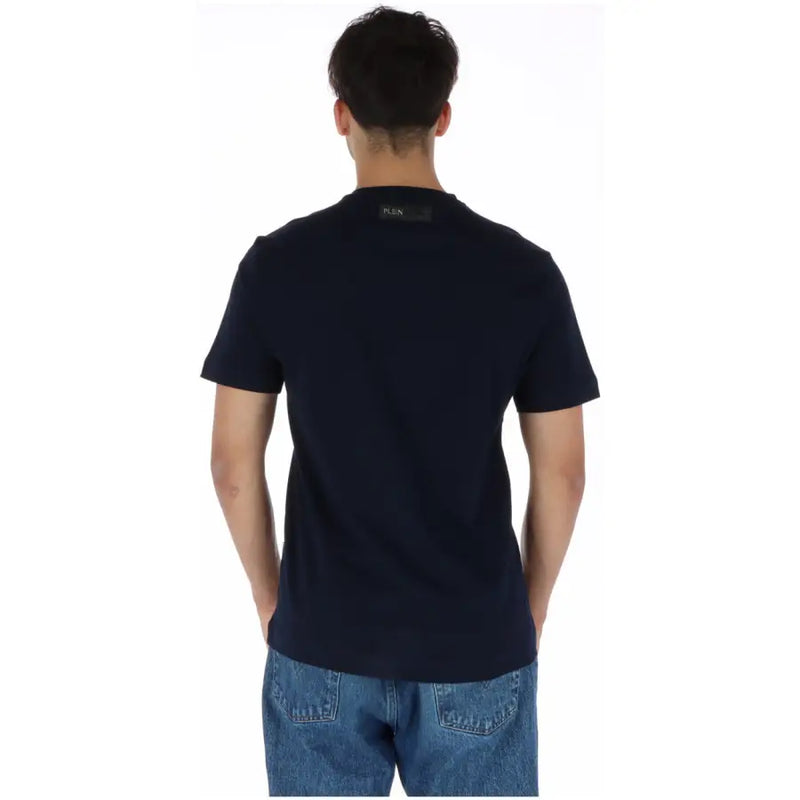 Navy blue cotton plein sport short-sleeved t-shirt with round neck and black label at back of neck displaying ken