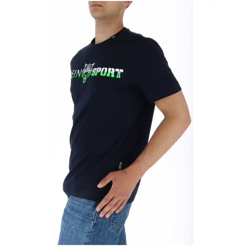 Navy blue coton t-shirt with round neck featuring neon green klein sport logo and tiger graphic by Plein Sport