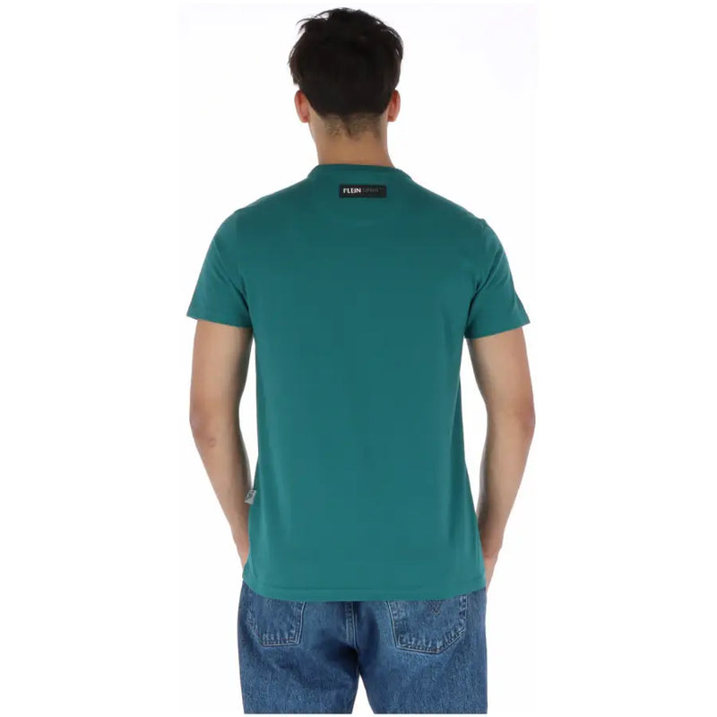 Plein sport men green print round neck t-shirt in teal cotton with a black brand tag at the neckline