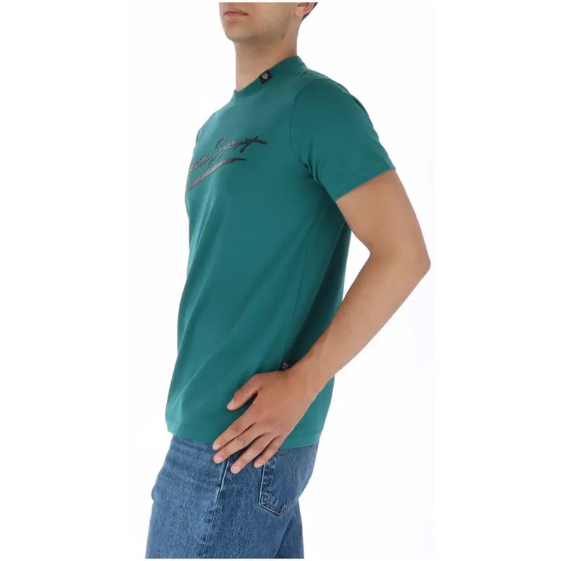 Pleinsport men green print round neck t-shirt in teal with short sleeves and subtle embroidered chest logo