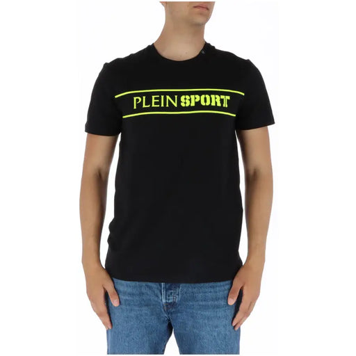 Plein Sport men’s black cotton t-shirt with bold neon yellow printed logo across the chest