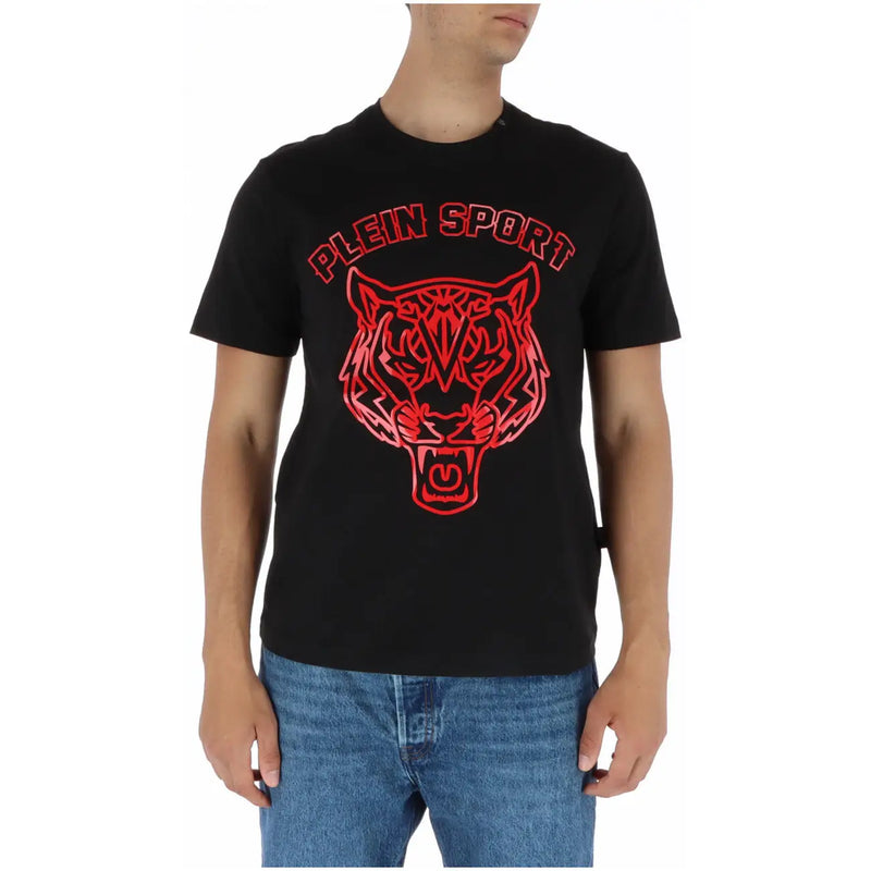 Plein Sport men’s black round neck t-shirt featuring a bold red tiger graphic with Plein Sport logo above