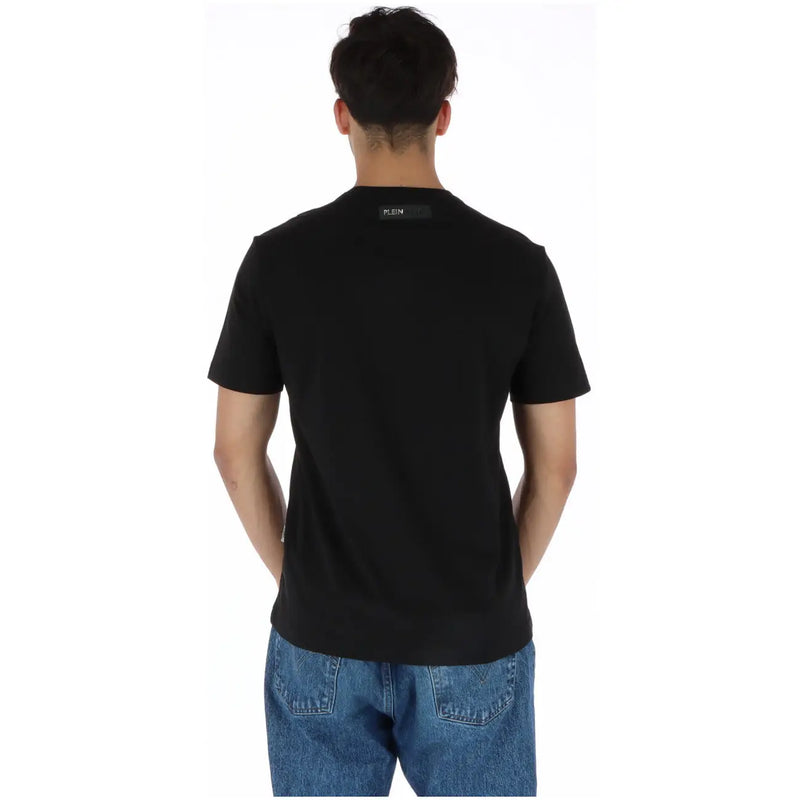 Plein Sport men’s black round neck t-shirt with short sleeves and a subtle peace label at the neckline