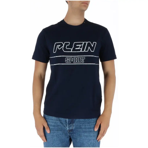 Navy blue Plein Sport men’s short sleeve t-shirt with white logo and bold lettering across the chest