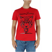 Plein Sport men’s red short sleeve t-shirt with bold black tiger graphic and plein sport branding in cotton material