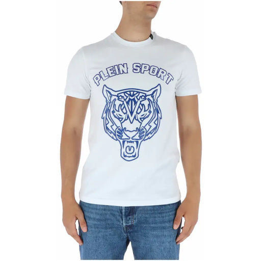 Plein Sport men’s white cotton blend round neck t-shirt featuring a bold blue tiger graphic with intricate detailing