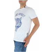 Plein Sport men’s white cotton blend round neck t-shirt with bold blue tiger graphic and klein sport text on chest