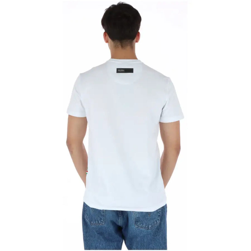 Plein Sport men’s white cotton short sleeve t-shirt with a black flein label at the neckline