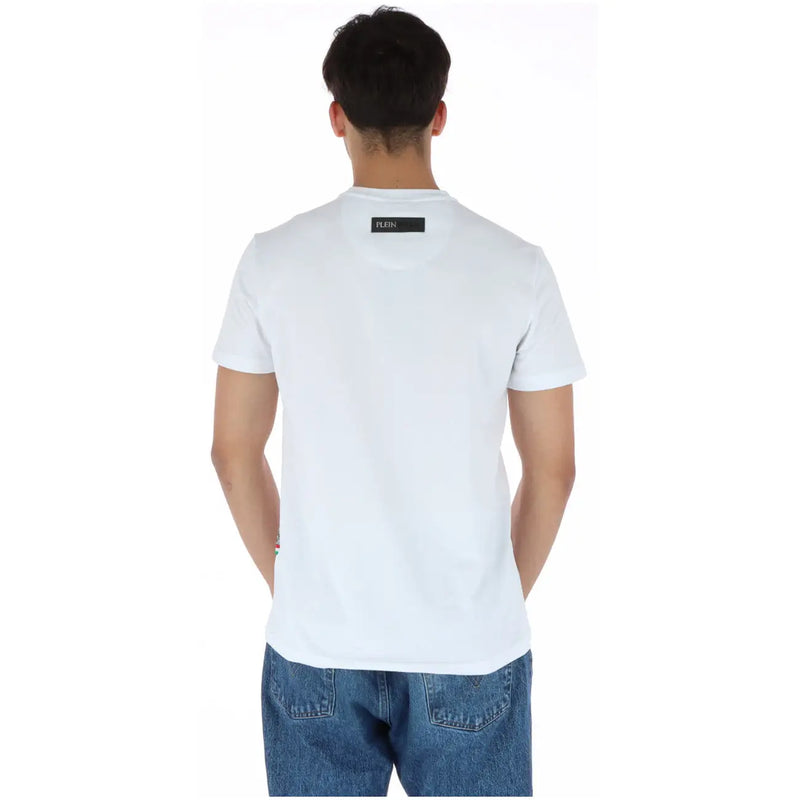 Plein Sport men’s white cotton short sleeve t-shirt with a black flein label at the neckline