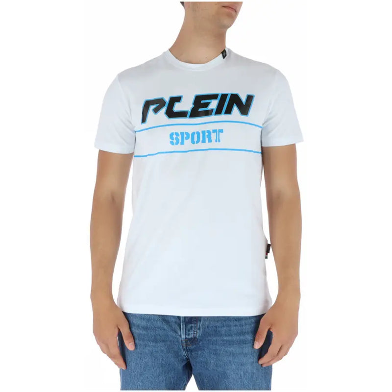 Plein Sport men’s white short sleeve t-shirt with bold black and light blue graphic lettering on chest