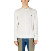 US Polo Assn mens white cable knit sweater with small embroidered logo made from soft cotton cashmere blend