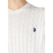Us polo assn mens white cable knit sweater with navy blue embroidered logo made from soft cotton cashmere blend