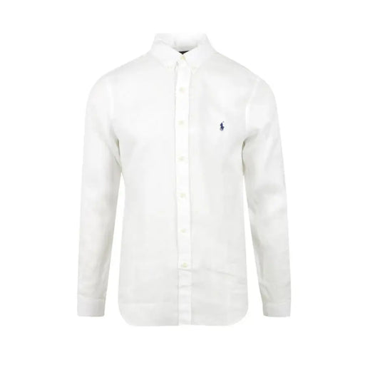 Men’s white linen long-sleeve button-down shirt with Polo Ralph Lauren pony logo