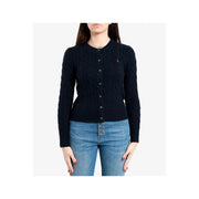 Black cable knit cardigan with red embroidered logo on left chest by polo ralph lauren women blue cotton cardigan