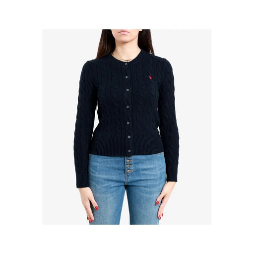 Black cable knit cardigan with red embroidered logo on left chest by polo ralph lauren women blue cotton cardigan