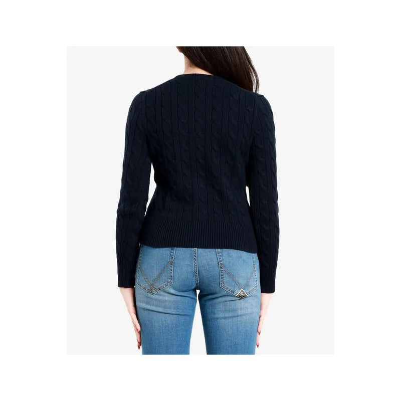 Black cable knit wool sweater with long sleeves and rounded neckline for women by Polo Ralph Lauren