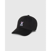 Schwarze Baseballkappe für Herren mit Psycho-Bunny-Motiv aus Baumwolle, verziert mit einem weißen, gestickten Hasenschädel und gekreuzten Knochen sowie rosa Ohren.