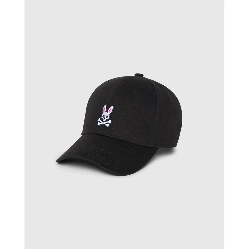 Schwarze Baseballkappe für Herren mit Psycho-Bunny-Motiv aus Baumwolle, verziert mit einem weißen, gestickten Hasenschädel und gekreuzten Knochen sowie rosa Ohren.