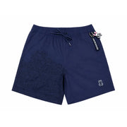 Psycho Bunny Herren-Badehose aus blauem Polyester mit geprägtem Hasenmuster und gesticktem Logo am Saum