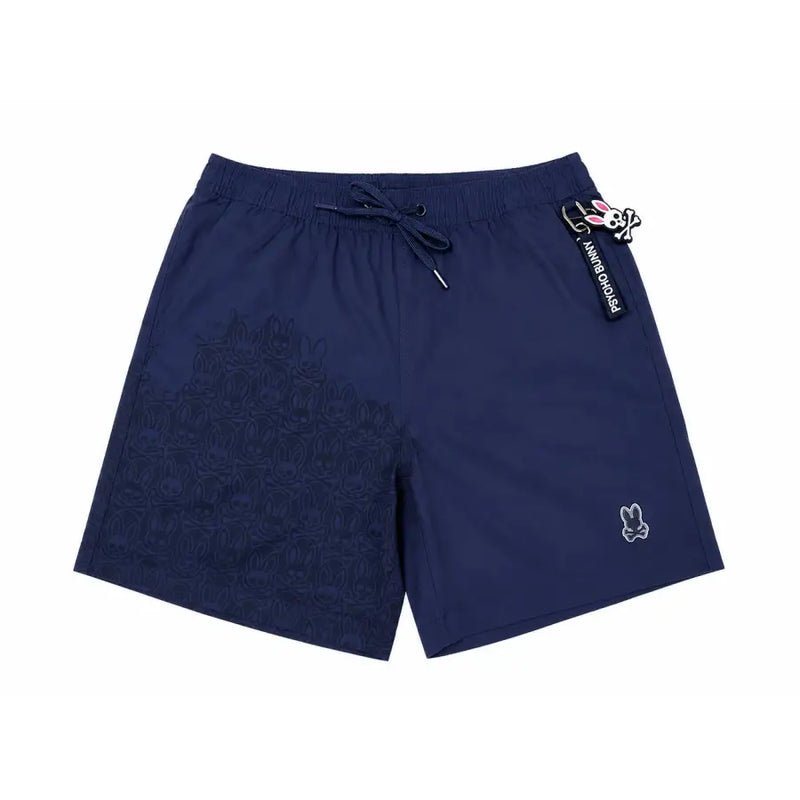 Psycho Bunny Herren-Badehose aus blauem Polyester mit geprägtem Hasenmuster und gesticktem Logo am Saum