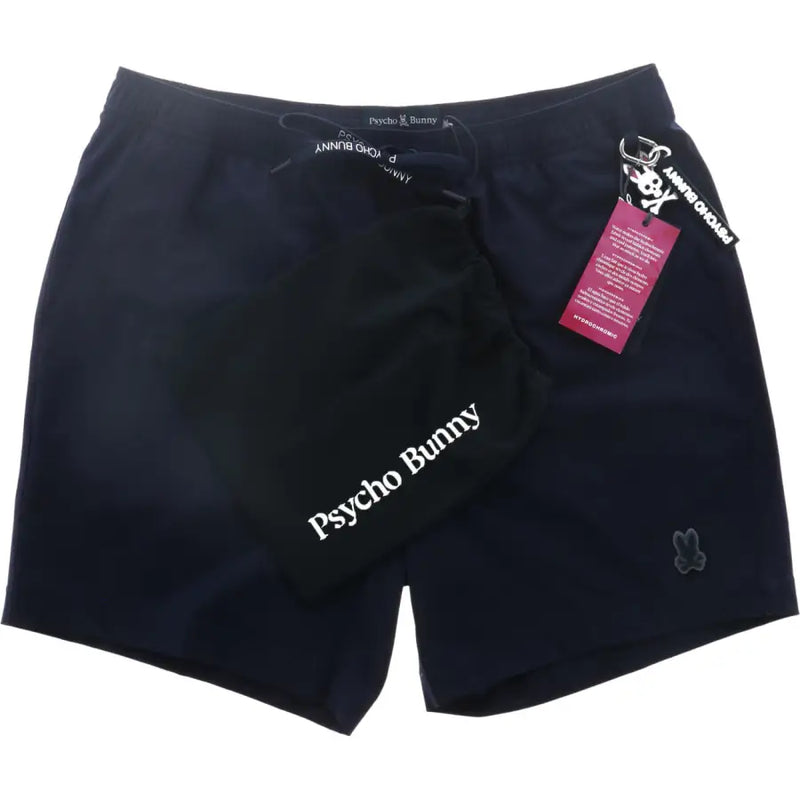 Dunkelblaue Herren-Badehose mit Psycho-Bunny-Motiv, Kordelzugbund, Polyestergewebe und gesticktem Logo am Unterschenkel
