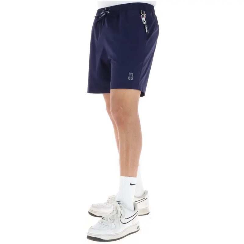 Marineblaue Psycho Bunny Herren-Sportshorts aus Polyester mit Kordelzugbund und gestickten Logos an Seite und Oberschenkel