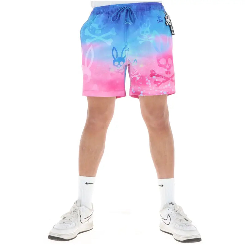 Psycho Bunny Herren-Badeshorts aus pinkfarbenem Polyester mit leuchtend blauem und pinkfarbenem Farbverlauf und Hasenmotiven mit Totenkopf und gekreuzten Knochen