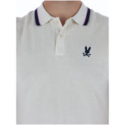 Cremefarbenes Herren-Poloshirt aus Baumwolle mit Psycho-Bunny-Motiv, marineblau-rosa Kragenbesatz und schwarzem, gesticktem Logo (kurze Ärmel).