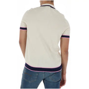 Cremefarbenes Herren-Polohemd mit Psycho-Bunny-Motiv, beigefarben, kurzärmelig, gerippt, aus Baumwolle mit marineblauen und rosafarbenen Borten