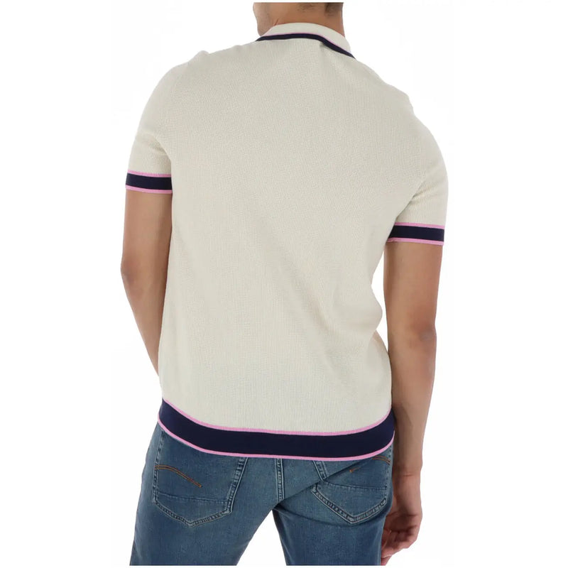 Cream-colored cream psycho bunny men polo beige short sleeve cotton ribbed knit shirt with navy and pink trim