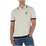 Cremefarbenes, geripptes Psycho Bunny Herren-Poloshirt mit marineblauen und rosafarbenen Zierstreifen und schwarzem, gesticktem Hasenlogo aus Baumwolle.