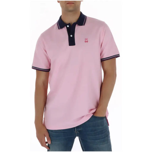 Psycho Bunny Herren-Poloshirt, rosa, kurzärmelig, aus Baumwolle mit marineblauem Kragen und gesticktem Hasenlogo auf der Brust