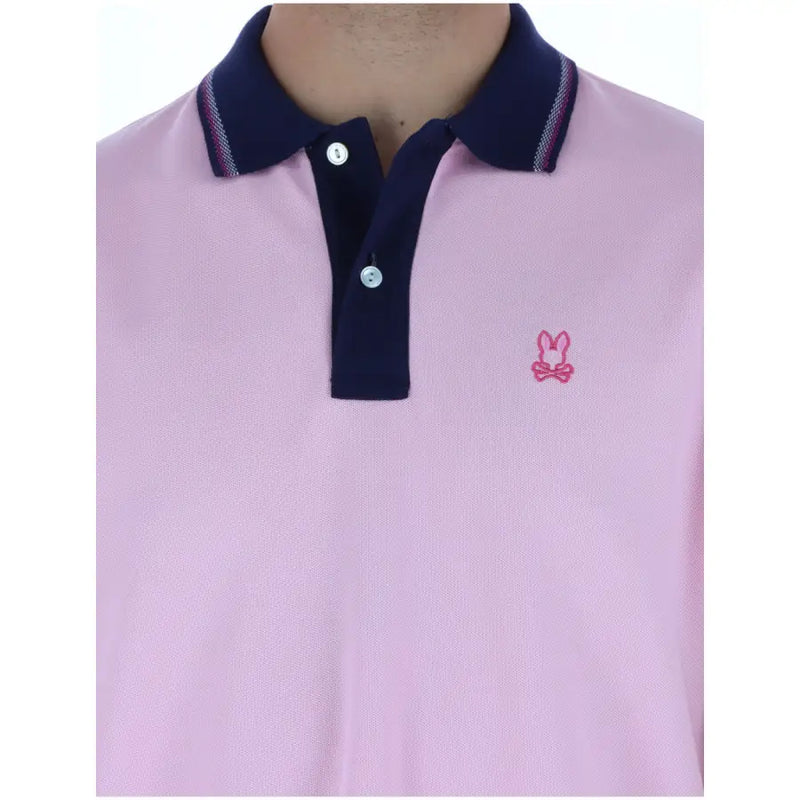 Psycho Bunny Herren-Poloshirt, rosa, kurzärmelig, aus Baumwolle mit marineblauem Kragen und kleinem, gesticktem rosa Hasenlogo