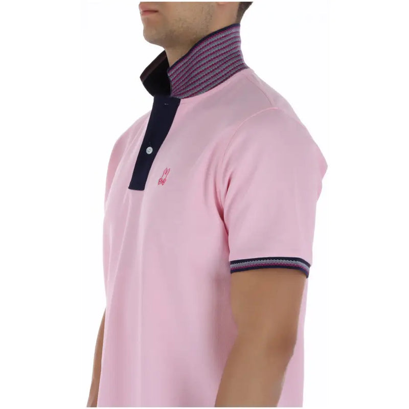 Psycho Bunny Herren-Poloshirt, rosa, kurzärmelig, aus Baumwolle mit marineblauen Akzenten und dezent gestreiftem Kragen und Ärmelbündchen