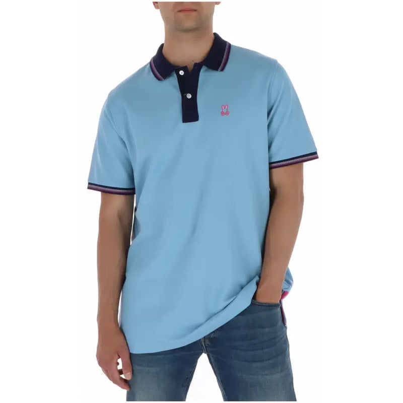 Psycho Bunny Herren-Poloshirt, hellblau, kurzärmelig, aus Baumwolle mit marineblauem Kragen, Ärmelbündchen und pinkfarbenem, gesticktem Logo