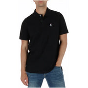 Psycho Bunny men polo short sleeve black cotton shirt with white embroidered rabbit and skull logo on left chest