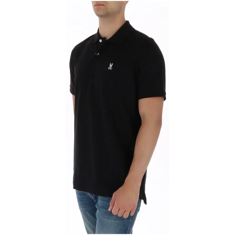 Psycho Bunny men polo short sleeve black cotton shirt with white embroidered rabbit logo on the chest