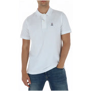 White short-sleeved cotton polo shirt with embroidered rabbit logo on the left chest by psycho bunny
