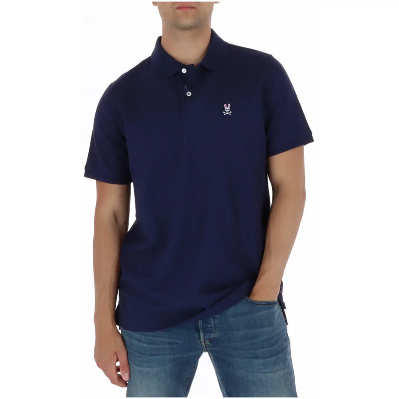 Navy blue psycho bunny men polo short sleeve cotton shirt with white embroidered rabbit and skull logo on left chest