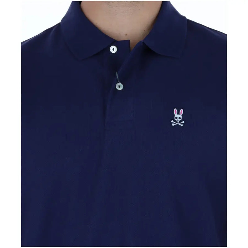 Marineblaues Baumwoll-Polohemd „Psycho Bunny“ für Herren mit kurzen Ärmeln und weißem, gesticktem Hasenschädel-Logo mit gekreuzten Knochen auf der Brust