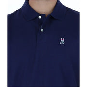 Navy blue cotton Psycho Bunny men polo short sleeve shirt with white embroidered rabbit skull and crossbones logo on chest
