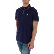 Marineblaues Herren-Polohemd aus Baumwolle mit kurzen Ärmeln und Psycho Bunny-Logo in Rosa-Stickerei sowie weißem Nadelstreifenbesatz.