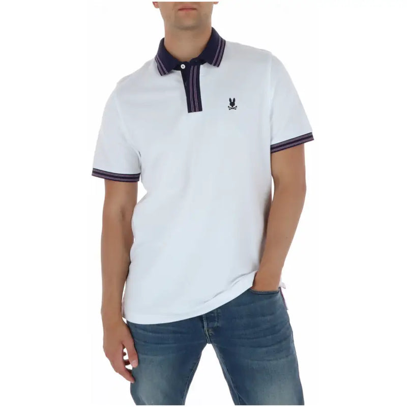 Weißes Herren-Polohemd mit Psycho-Bunny-Motiv, kurzen Ärmeln und marineblauem Kragenbesatz aus Baumwolle mit gesticktem Logo